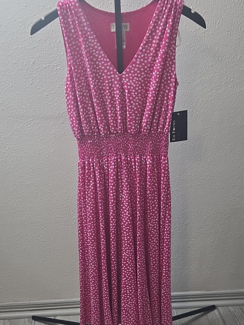 Enfocus Studio Hot Pink Polka Dot V-Neck Smocked Maxi Dress